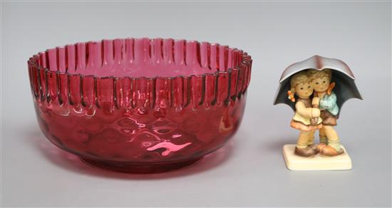 A cranberry bowl and a Hummel figure bowl diameter 24cm